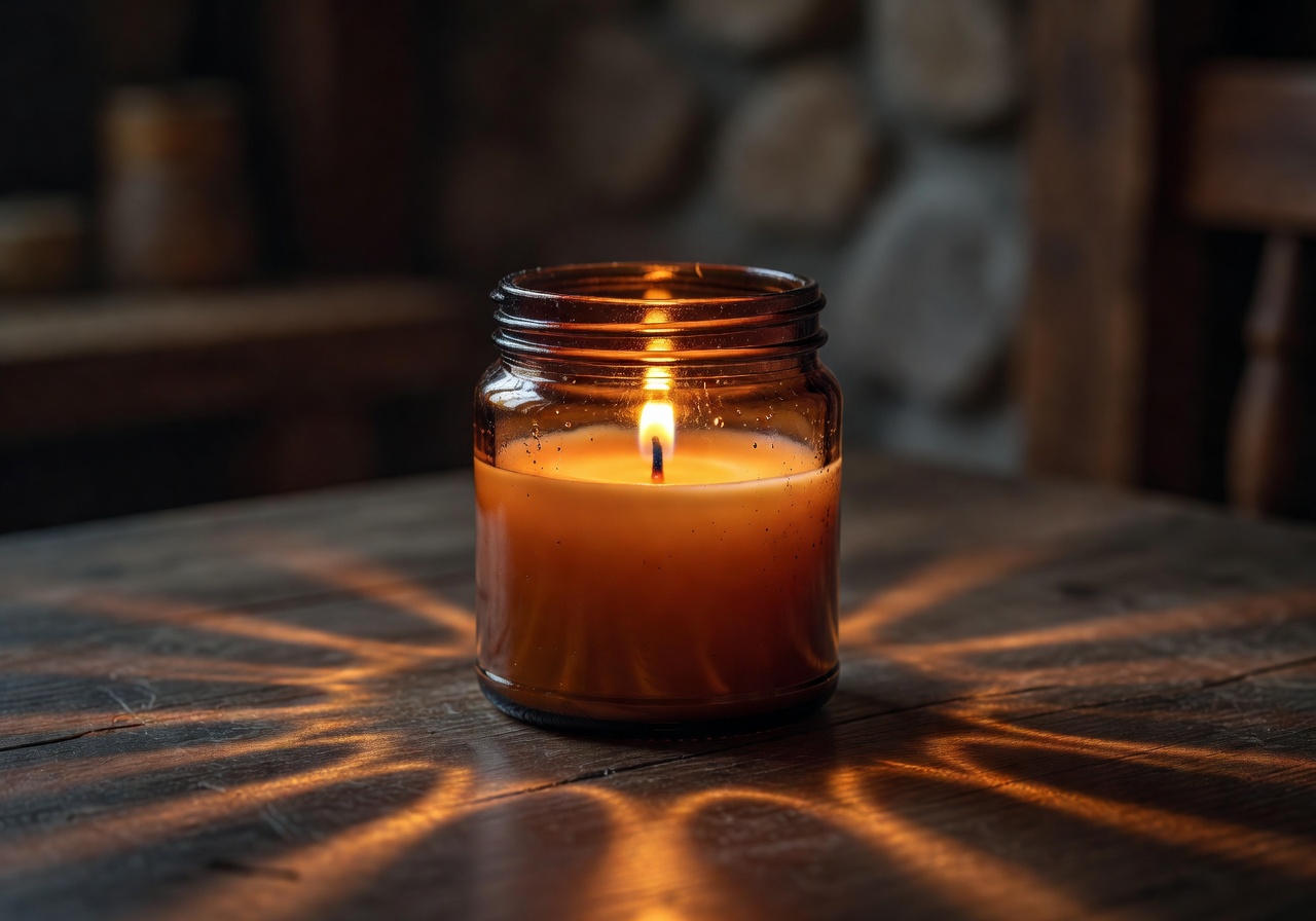 Amber Twilight artisan soy candle in a rustic amber glass jar, flame burning warmly