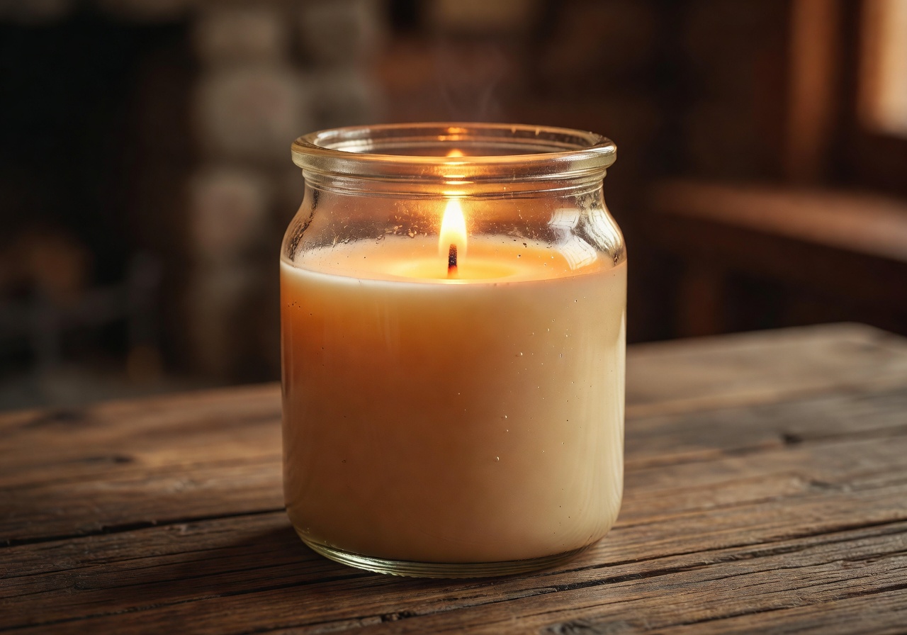 Amber Twilight soy candle with warm amber and vanilla scent in rustic glass jar