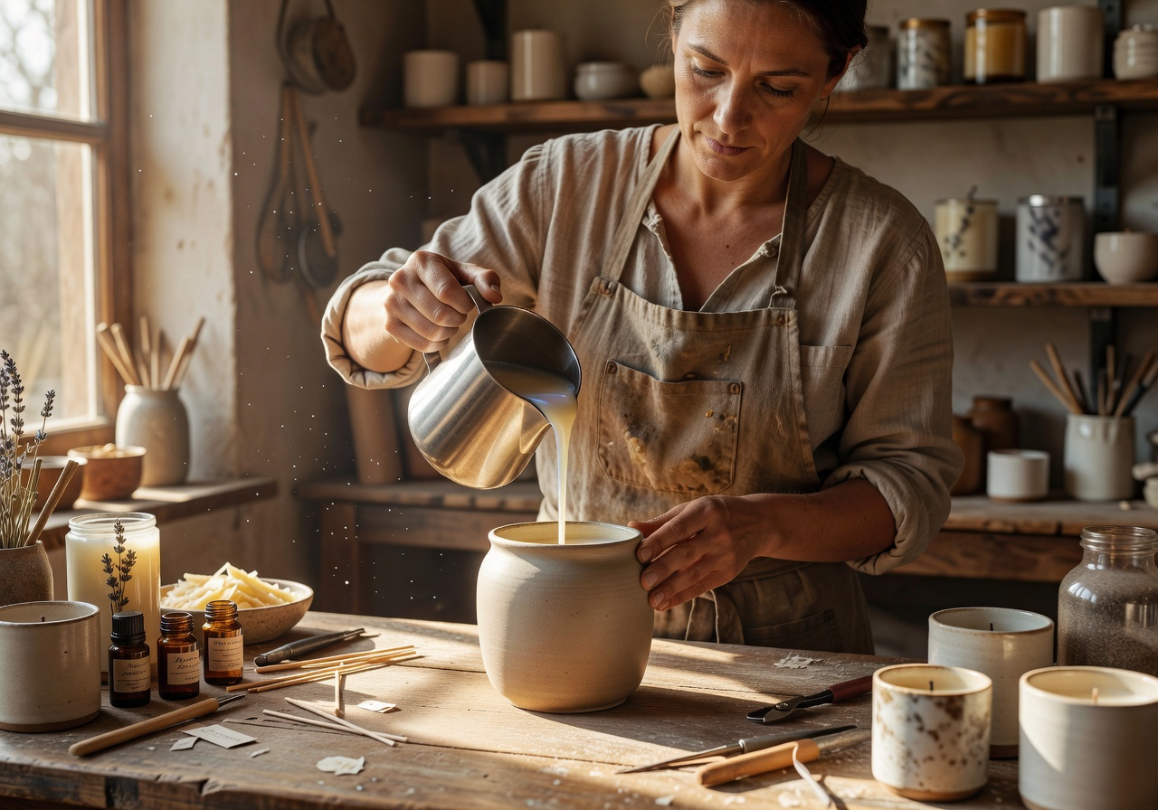 Artisan candle maker hand-pouring natural soy wax into ceramic vessel in warm studio