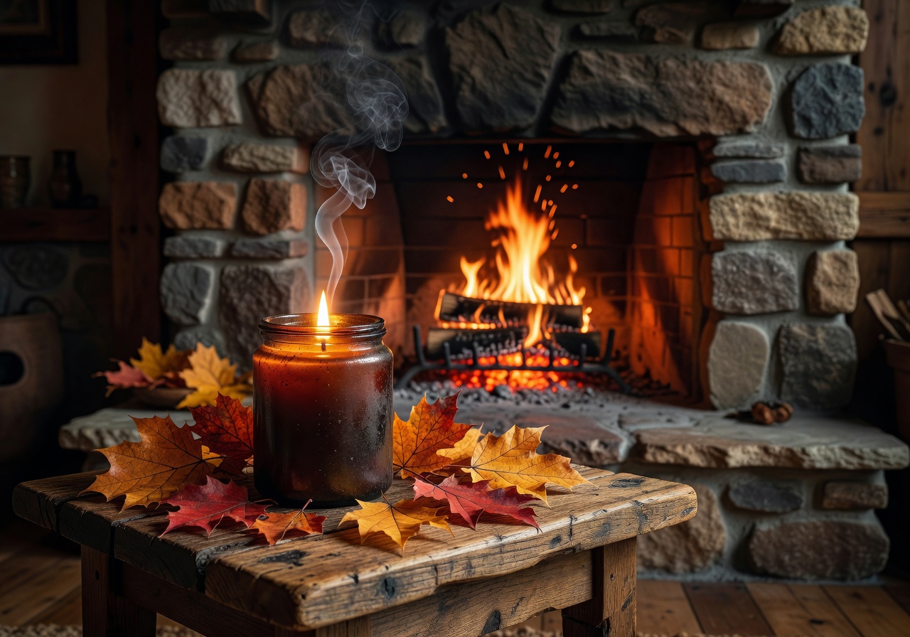 Autumn Fireside candle evoking the warmth of smoky oak and crackling fire
