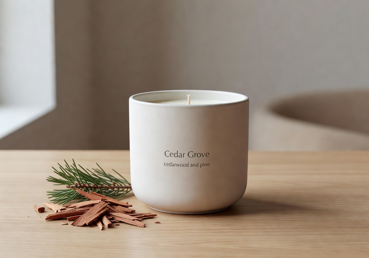 Cedar Grove candle with cedarwood and pine fragrance in minimalist ceramic vessel
