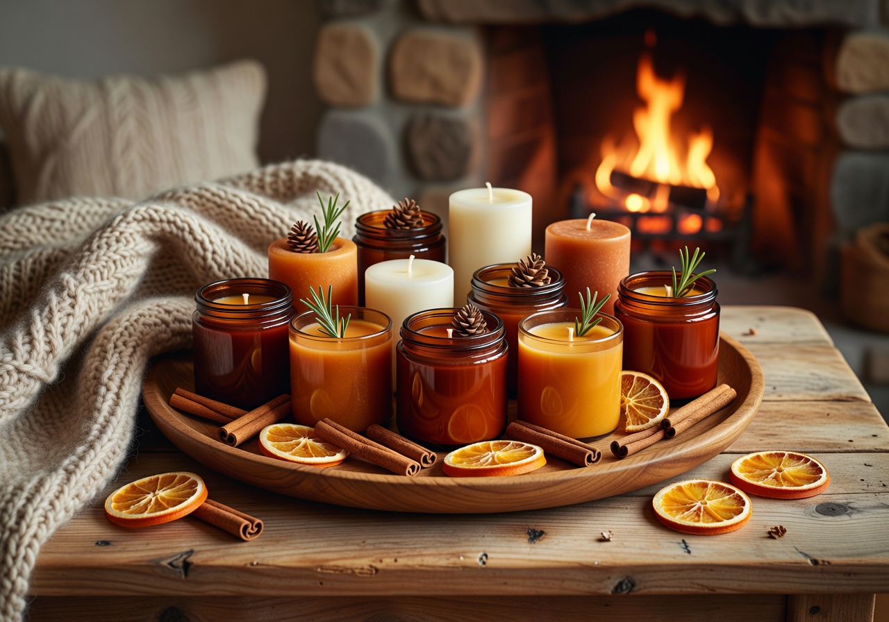 Cozy autumn seasonal candle collection displayed on wooden tray with cinnamon sticks and dried oranges