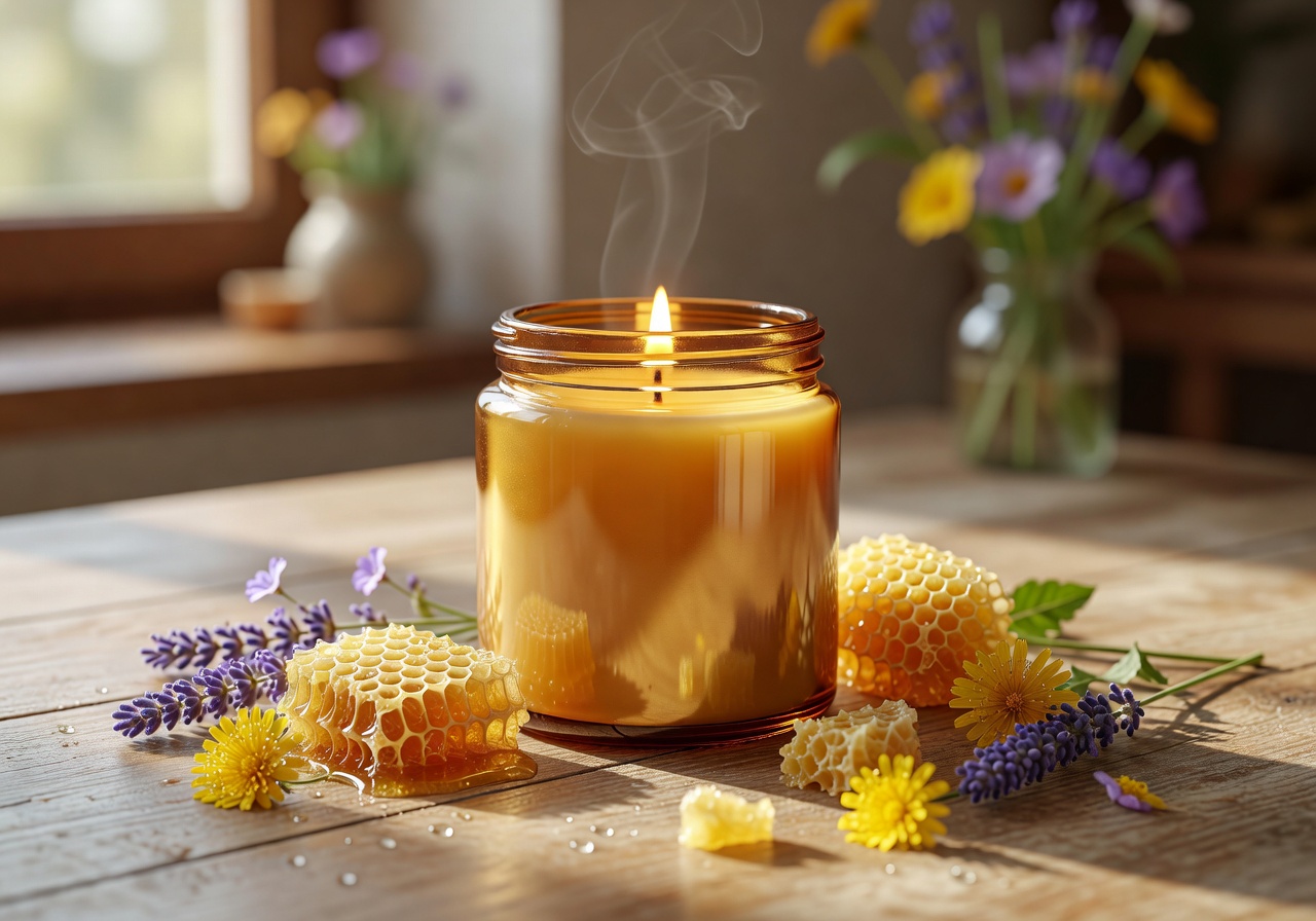 Honey Blossom candle with sweet honey and wildflower notes in golden jar