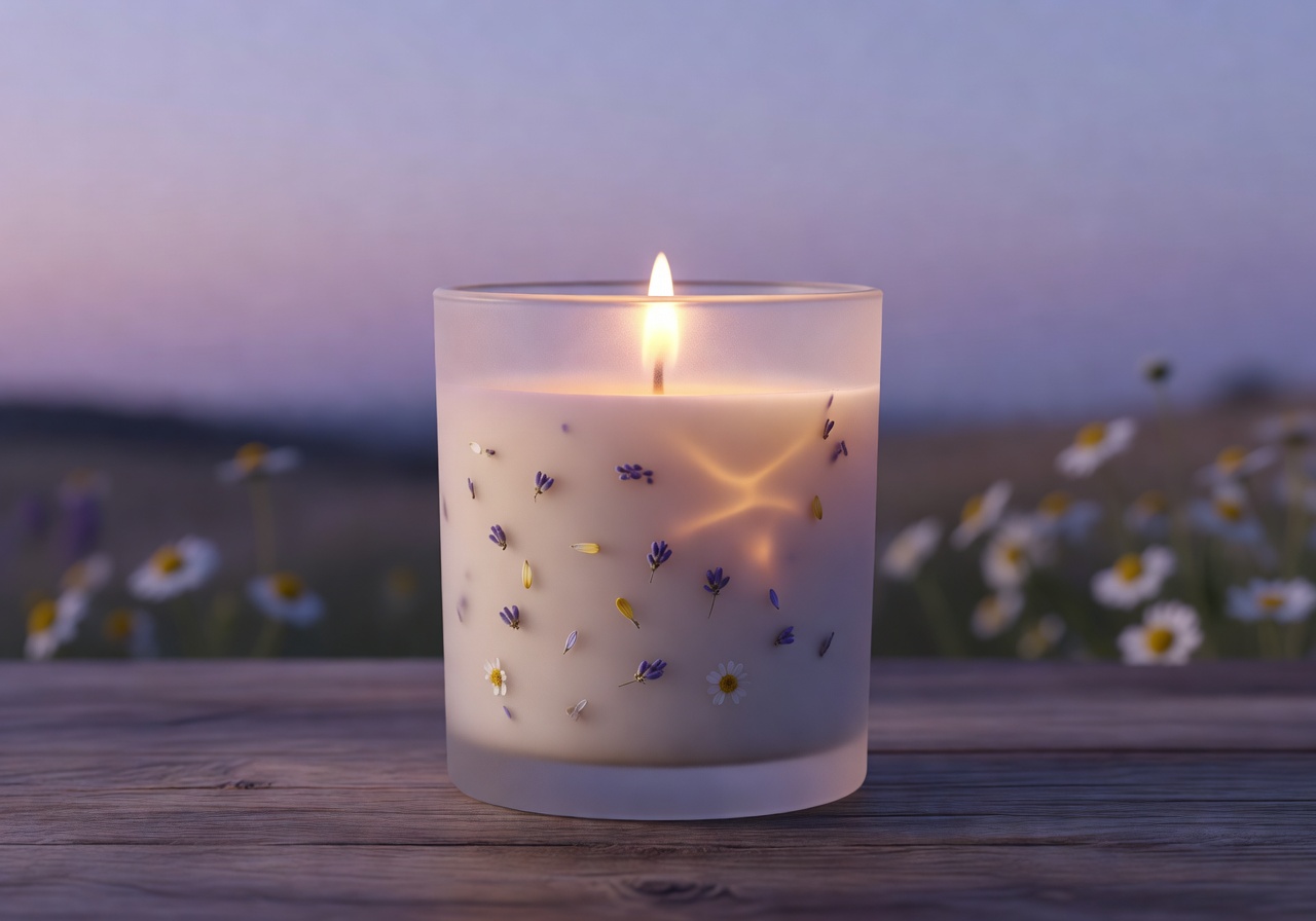 Lavender Dusk hand-poured candle with calming lavender and chamomile in frosted jar