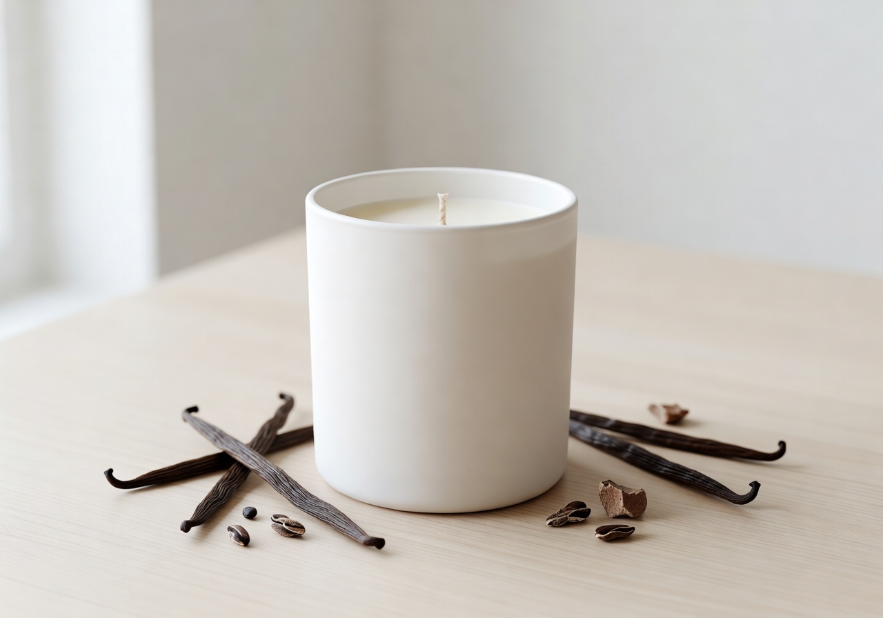 Vanilla Cloud candle with rich vanilla bean and tonka notes in minimalist white jar