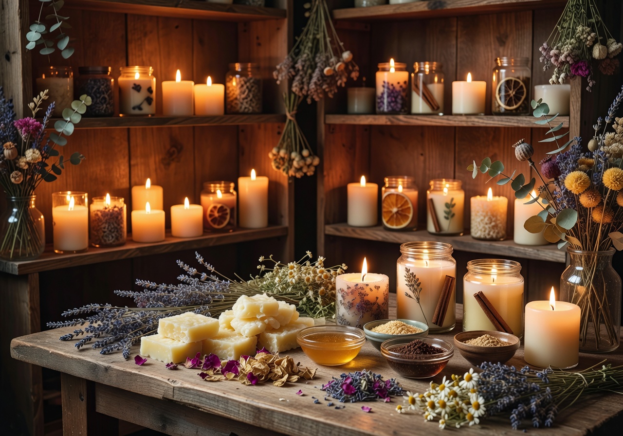 Warm candle studio workspace with natural ingredients, dried flowers, and finished artisan candles on wooden shelves