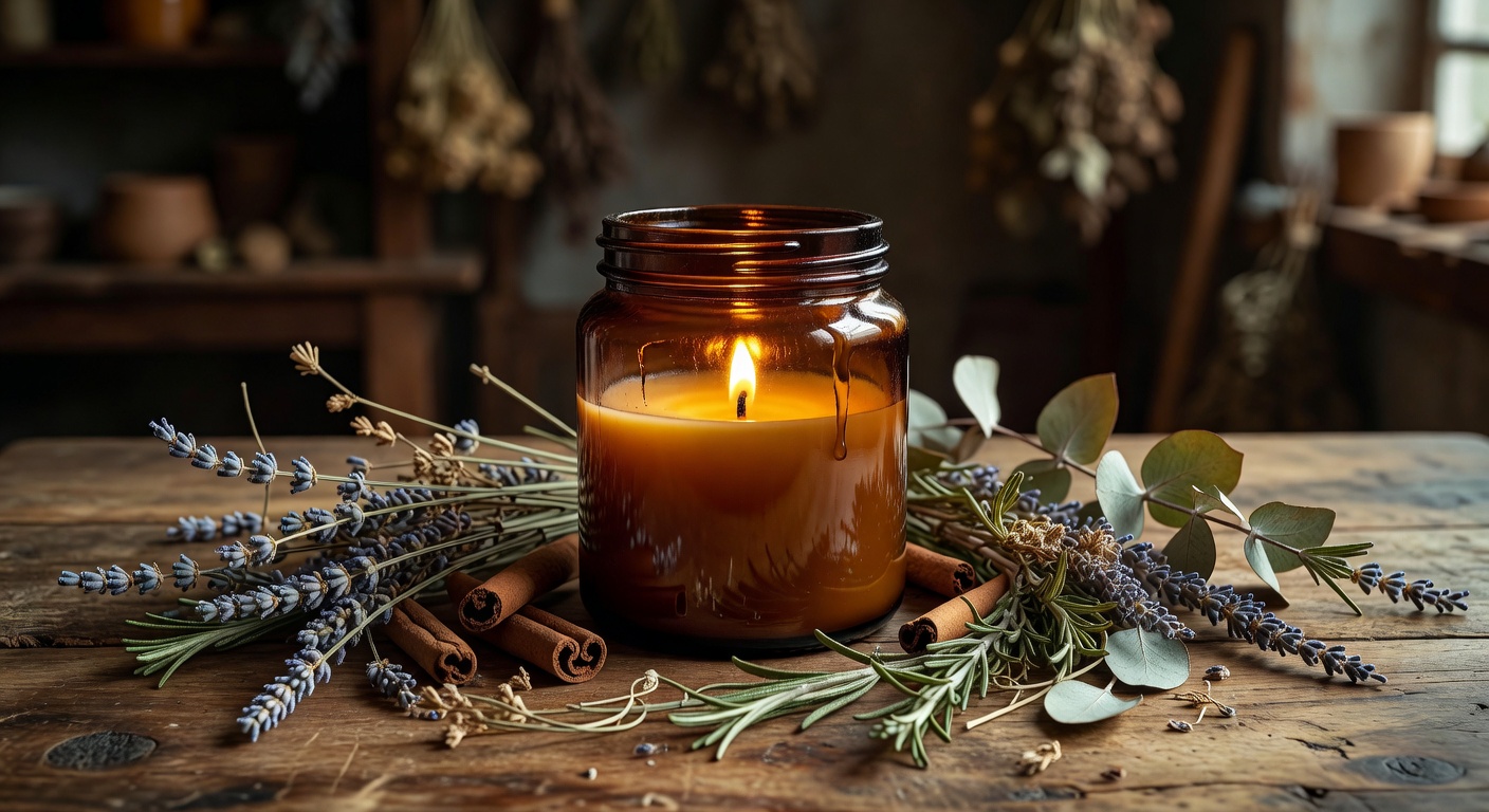 Warm glowing artisan candle in amber glass jar surrounded by dried botanicals